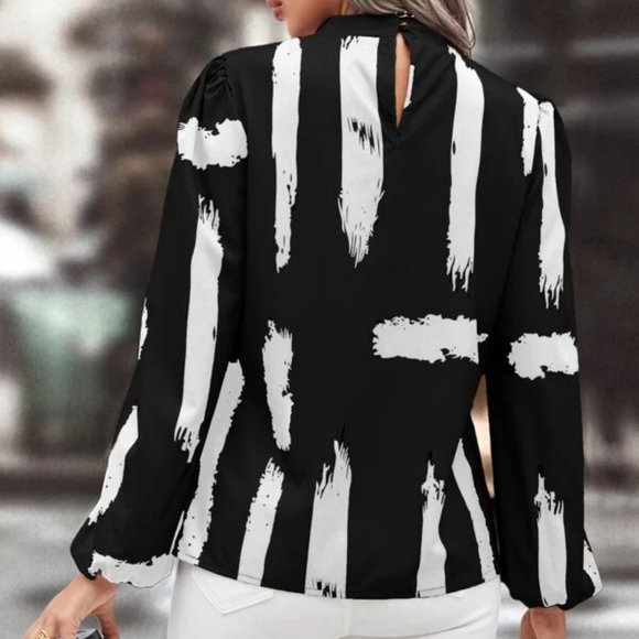 Black white Brush Pattern Lantern long Sleeved Mock Neck Shirt Blouse Top - Picture 4 of 5